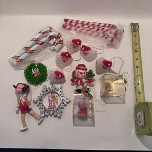 Mid Century Christmas Ornaments Lot Vintage Flocked Wood Santa